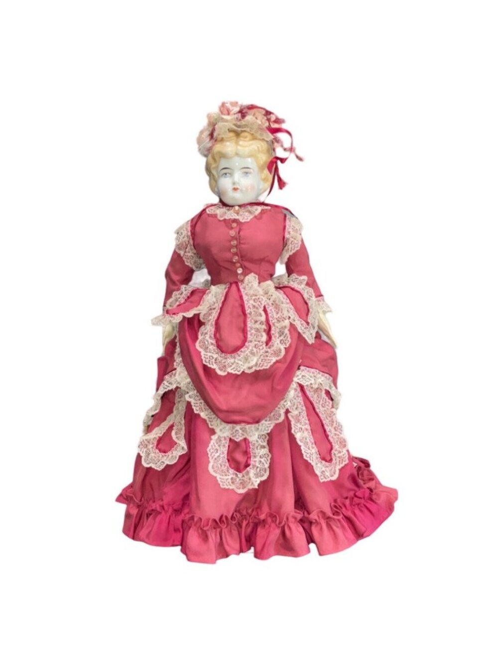 Victorian Porcelain Doll With Pink Lace Dress & Blonde Curls